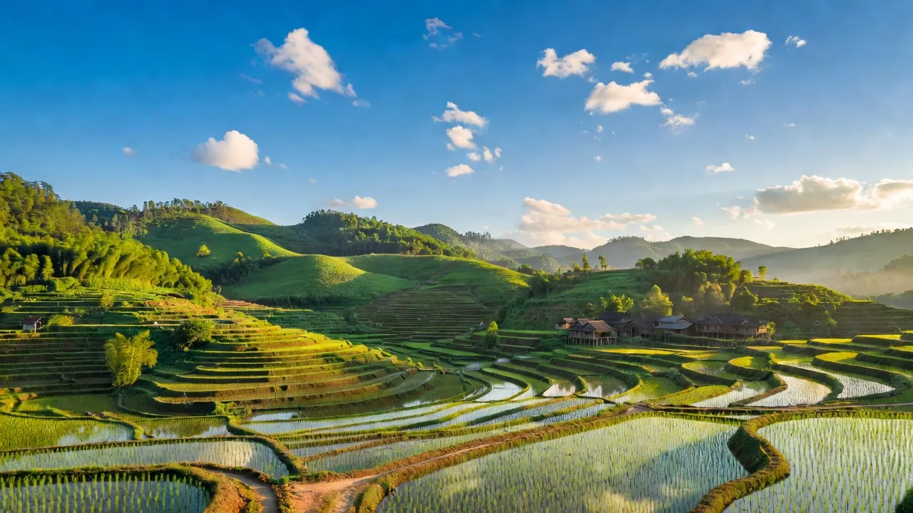 Cảnh quan Chiềng Ken, Văn Bàn, Lào Cai với những cánh đồng lúa và đồi núi xanh tươi.