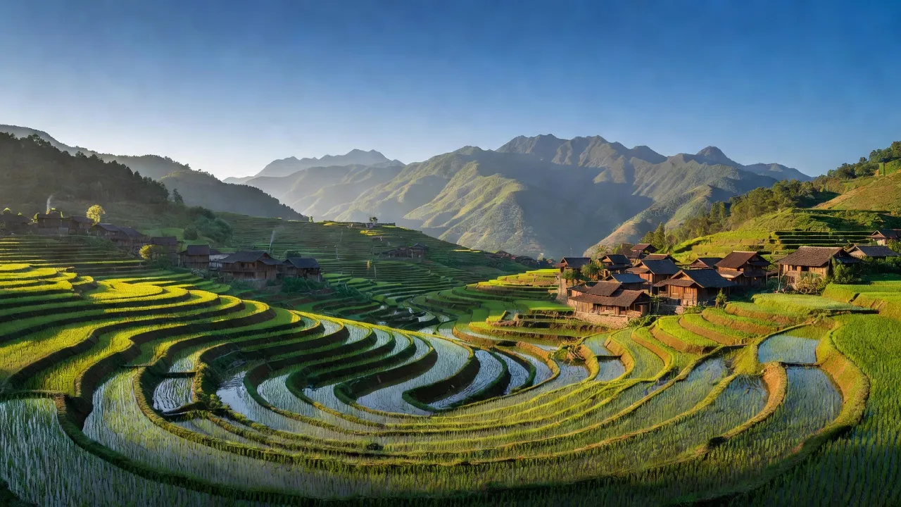 Khung cảnh làng Dần Thàng, Văn Bàn, Lào Cai với ruộng bậc thang và núi non hùng vĩ.