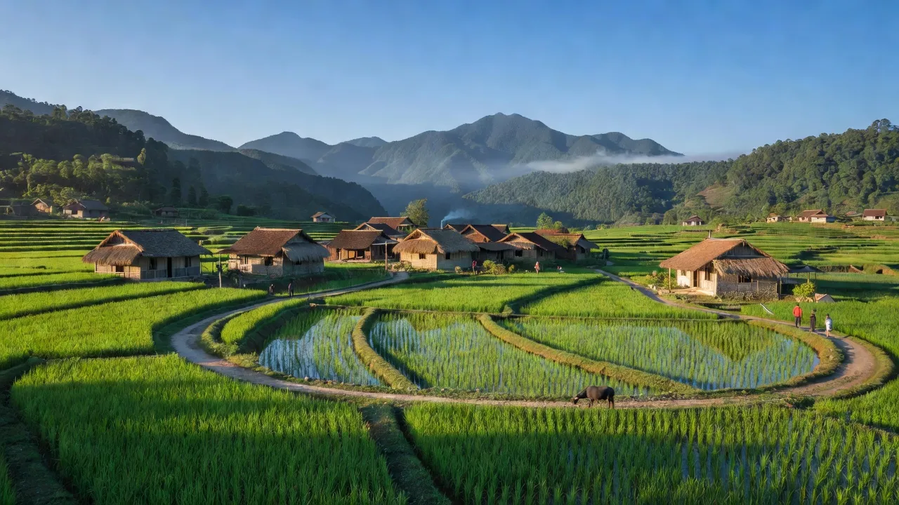 Cảnh làng Dương Quỳ, Văn Bàn, Lào Cai với ruộng bậc thang và núi non xanh rì.