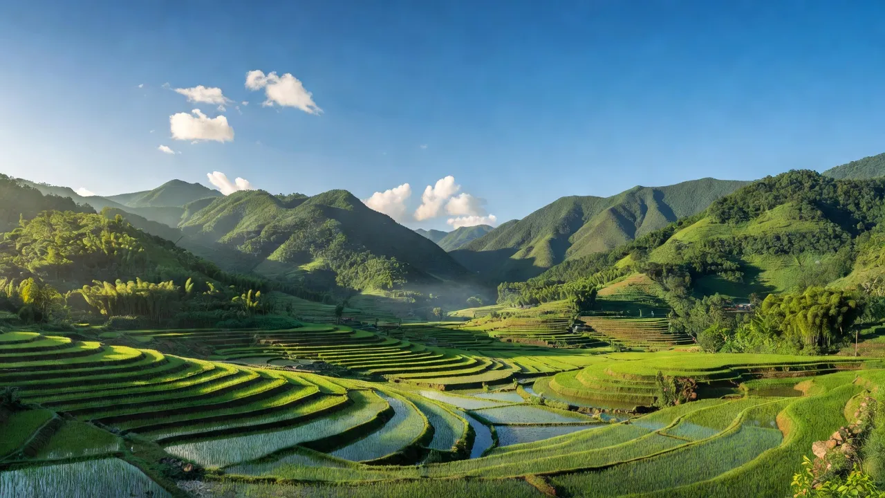 Cảnh quan xã Dương Quỳ, huyện Văn Bàn, tỉnh Lào Cai với núi, thung lũng và ruộng bậc thang.