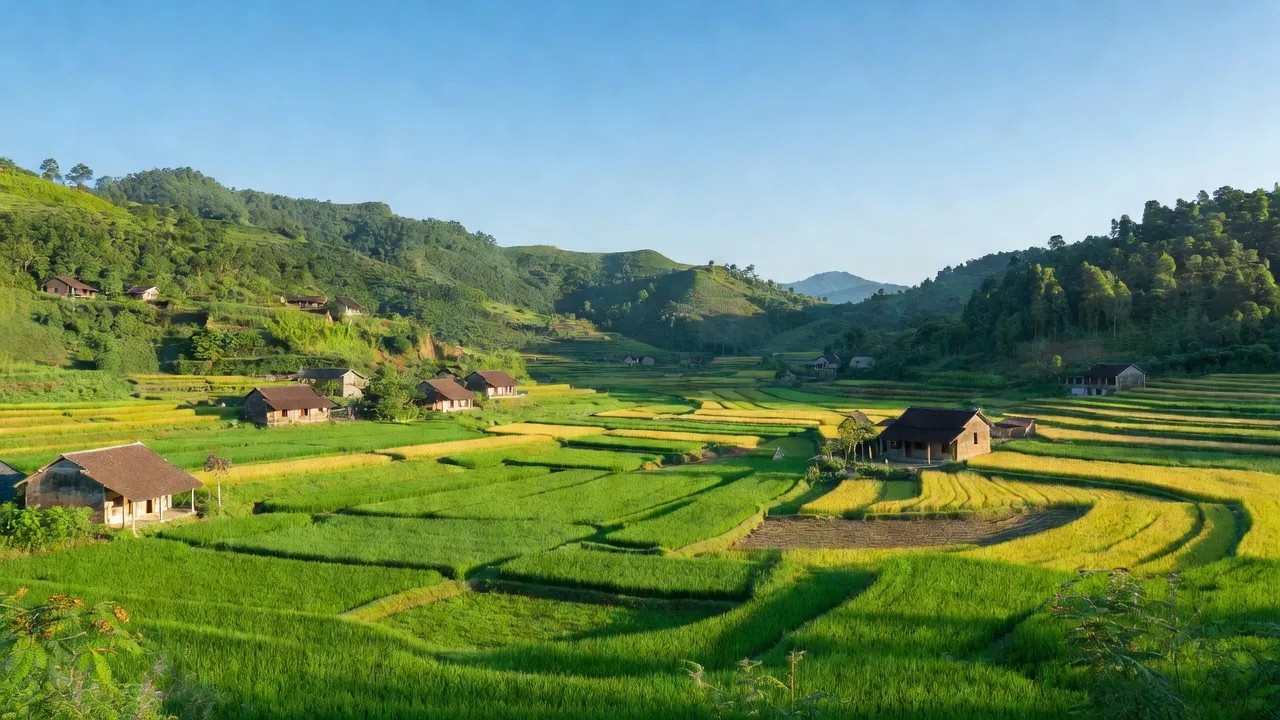 Khung cảnh yên bình xã Hoà Mạc, huyện Văn Bàn, Lào Cai với đồi xanh và nhà truyền thống.