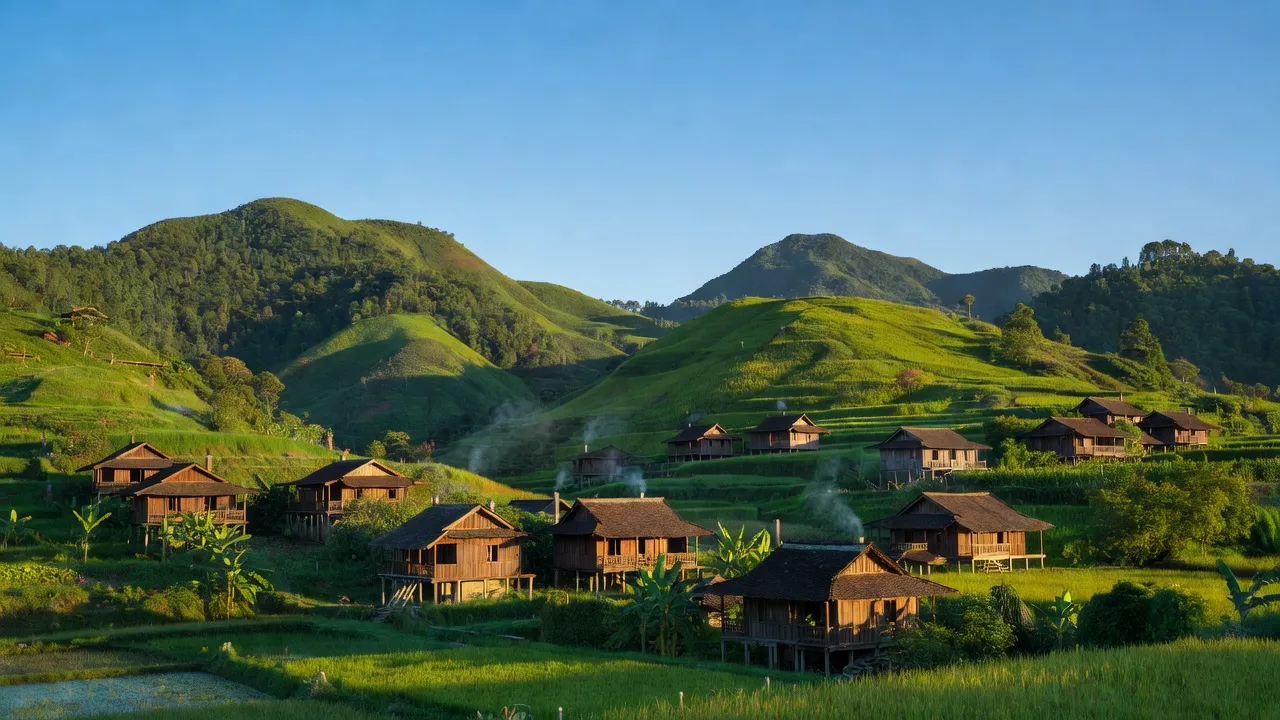 Khánh Yên Hạ, Văn Bàn, Lào Cai with green mountains, wooden houses, rural scenery and blue sky.