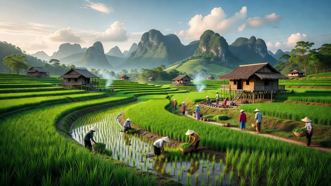 Cảnh đẹp Xã Khánh Yên Thượng với ruộng bậc thang, nhà sàn truyền thống và núi non hùng vĩ.