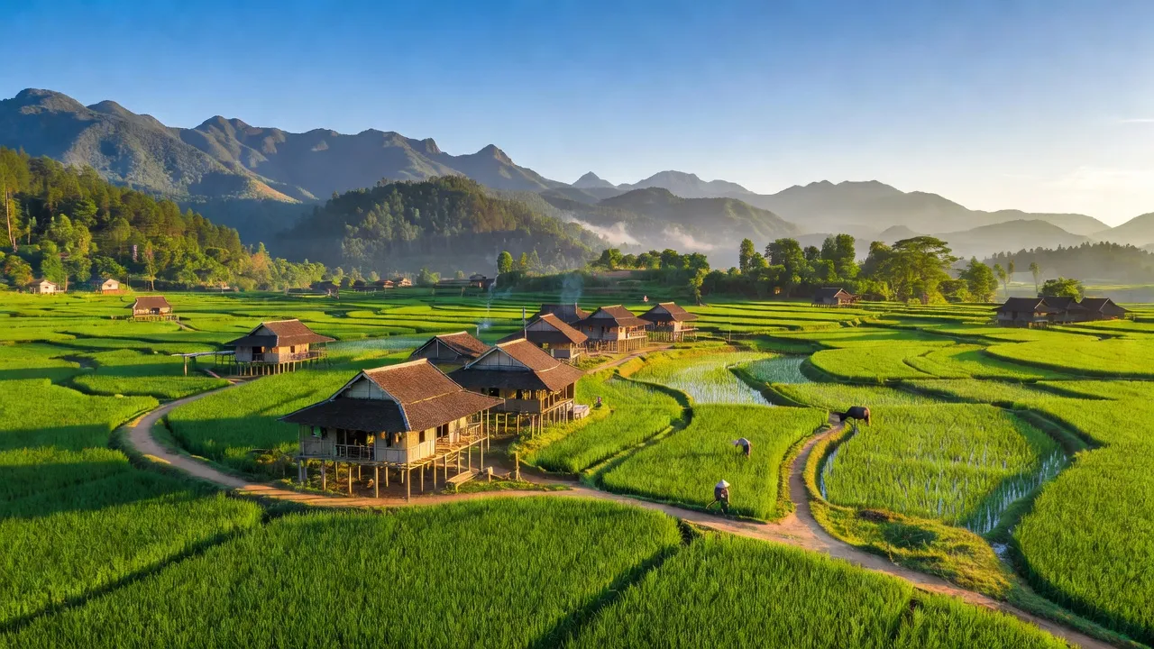 Khánh Yên Thượng, Văn Bàn, Lào Cai with rice fields, stilt houses, and mountains in background.