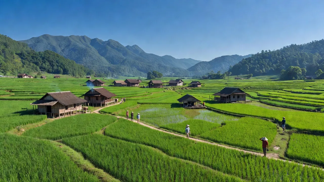 Khánh Yên Trung, Văn Bàn, Lào Cai landscape with rice fields, mountains, and traditional houses.
