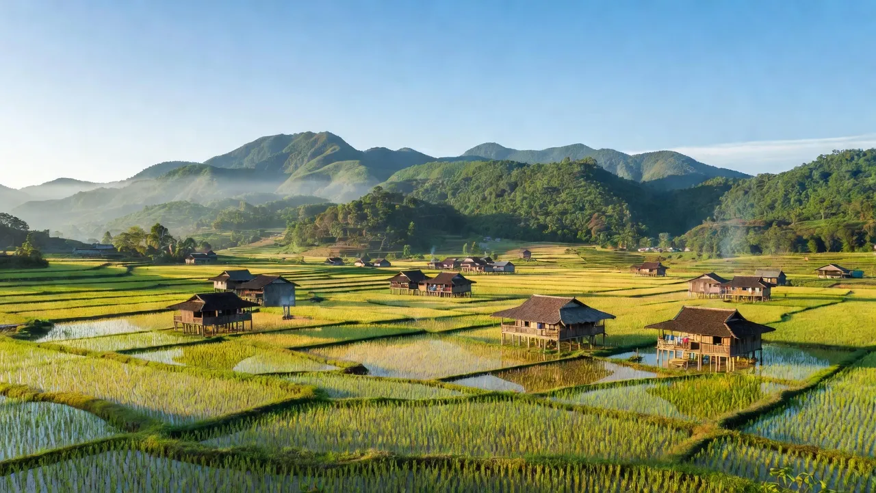Khánh Yên Trung, Văn Bàn, Lào Cai với núi non hùng vĩ và đồng ruộng xanh tươi.