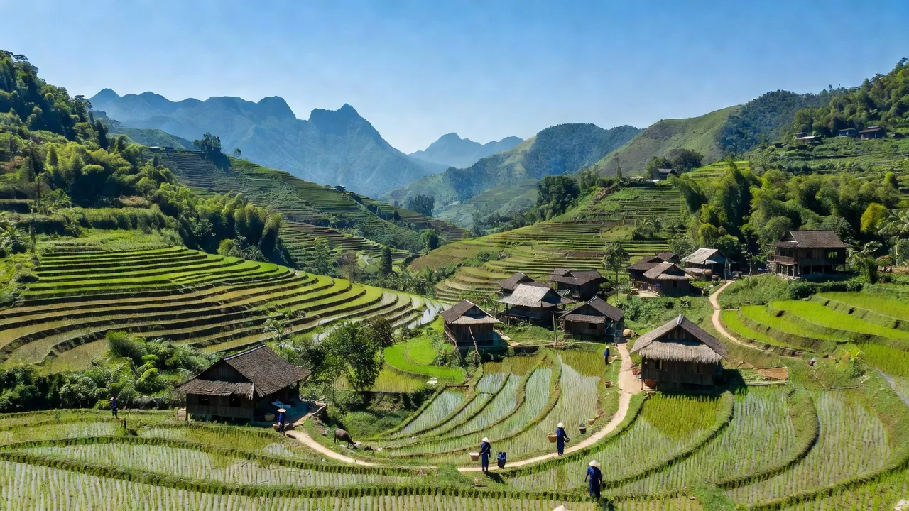 Cảnh đẹp xã Làng Giàng, huyện Văn Bàn, Lào Cai với cánh đồng ruộng bậc thang xanh tốt.
