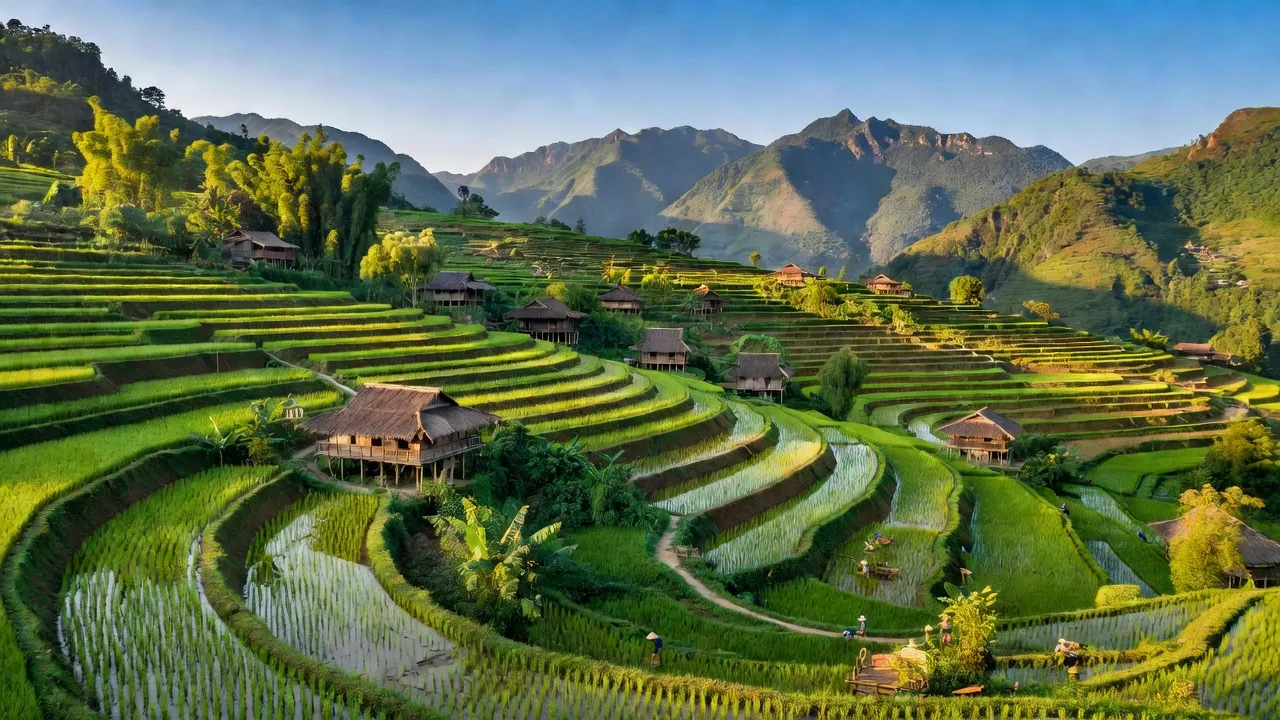 Khung cảnh núi non hùng vĩ tại Xã Làng Giàng, huyện Văn Bàn, tỉnh Lào Cai với ruộng bậc thang.