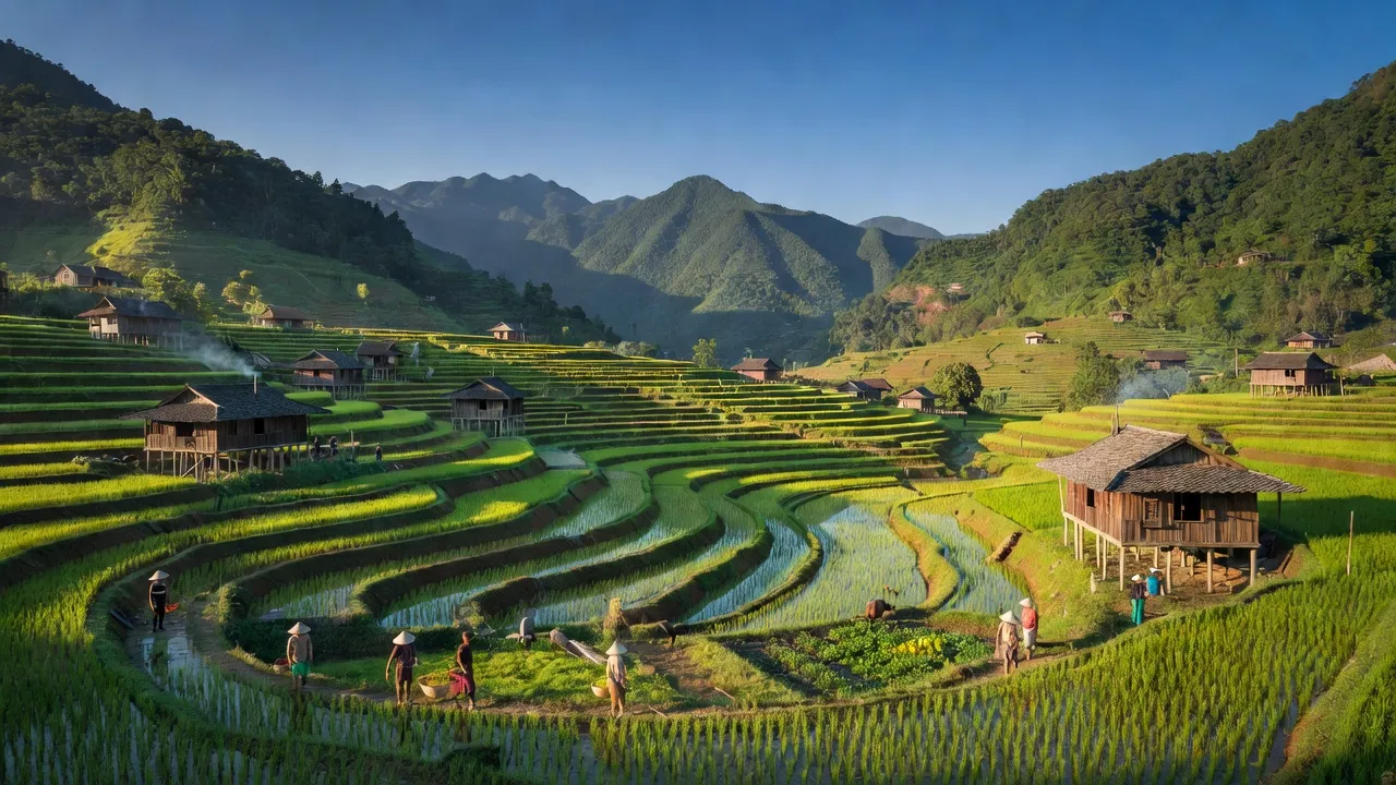 Khung cảnh làng Liêm Phú huyện Văn Bàn Lào Cai với ruộng bậc thang và núi xanh.