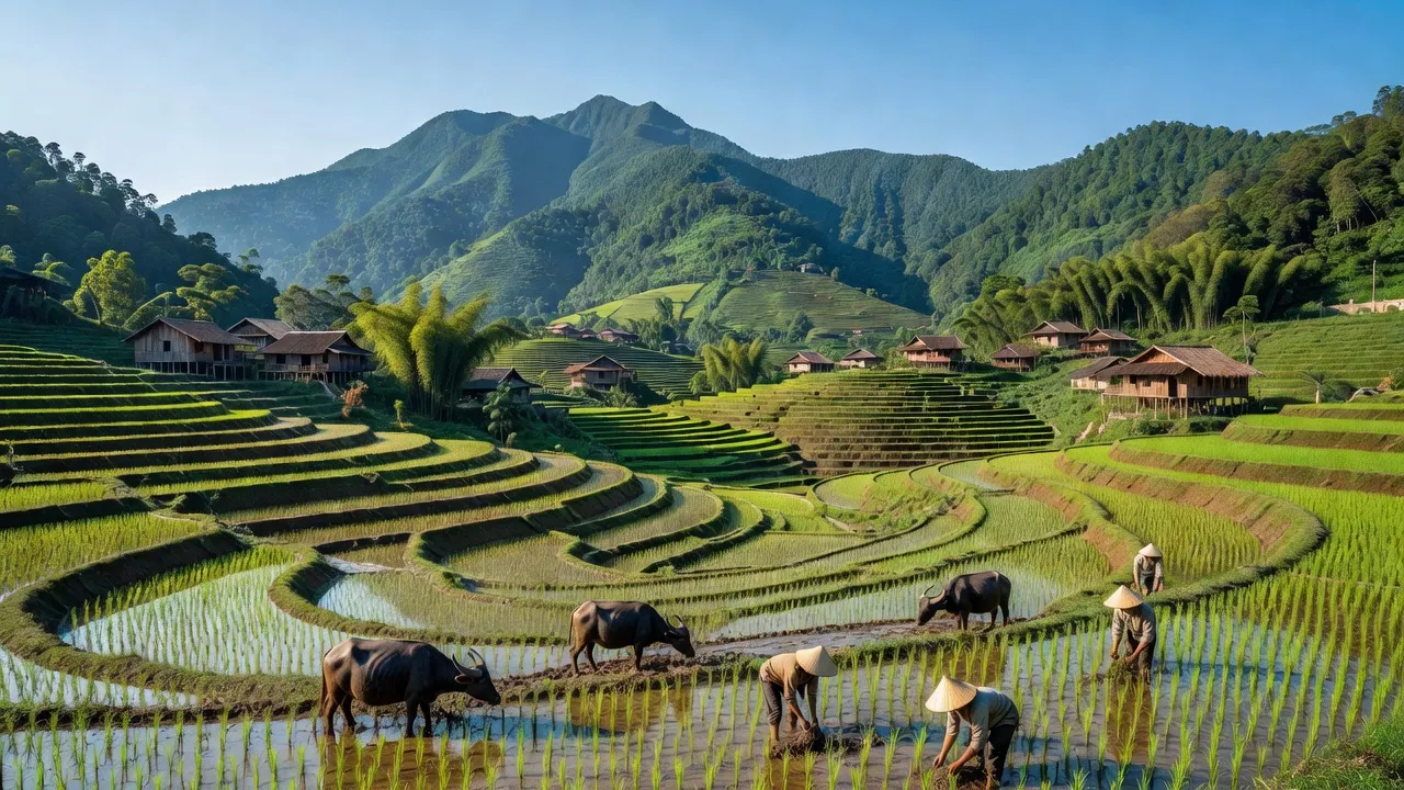Khung cảnh yên bình của xã Liêm Phú, huyện Văn Bàn với ruộng bậc thang và núi non xanh tươi.
