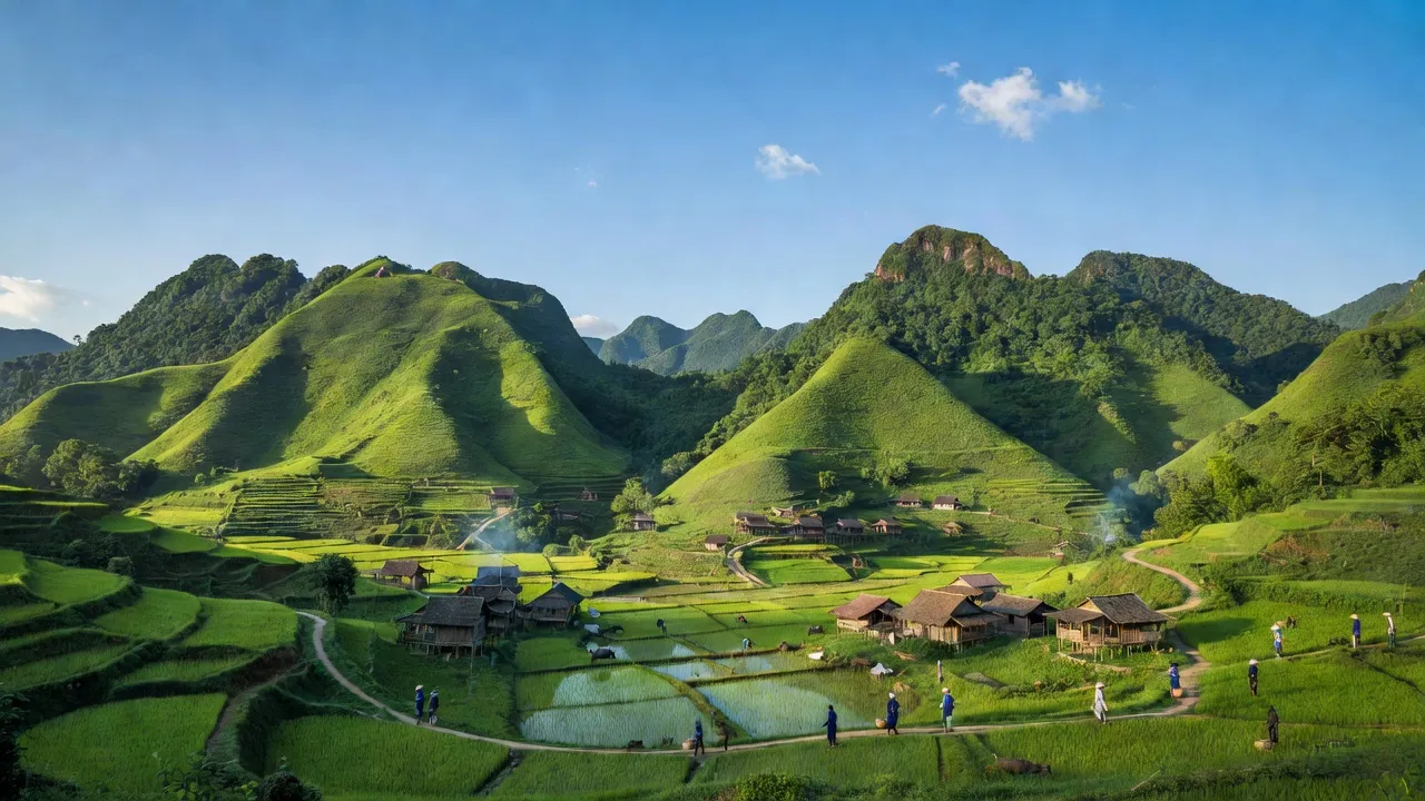 Khung cảnh đẹp tại Xã Minh Lương, Huyện Văn Bàn, Tỉnh Lào Cai với núi non và thung lũng xanh.