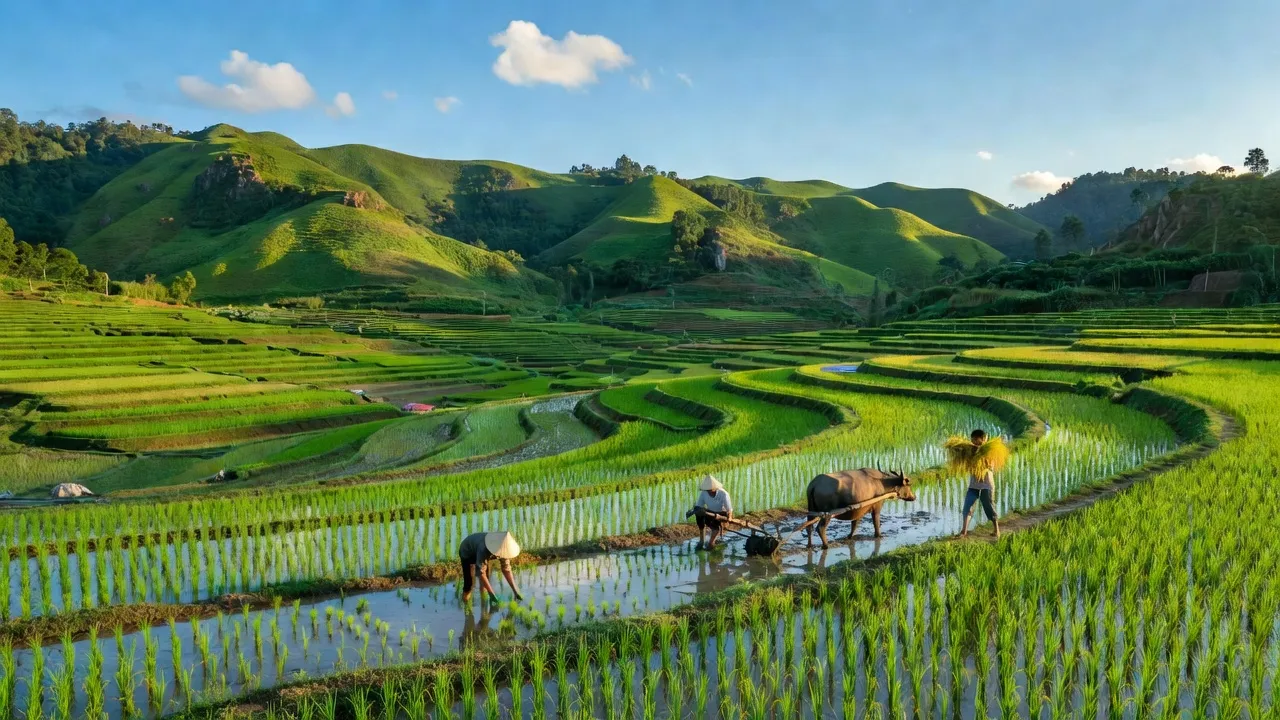Khung cảnh thiên nhiên xã Minh Lương, Huyện Văn Bàn, Tỉnh Lào Cai với đồi núi và thung lũng xanh.