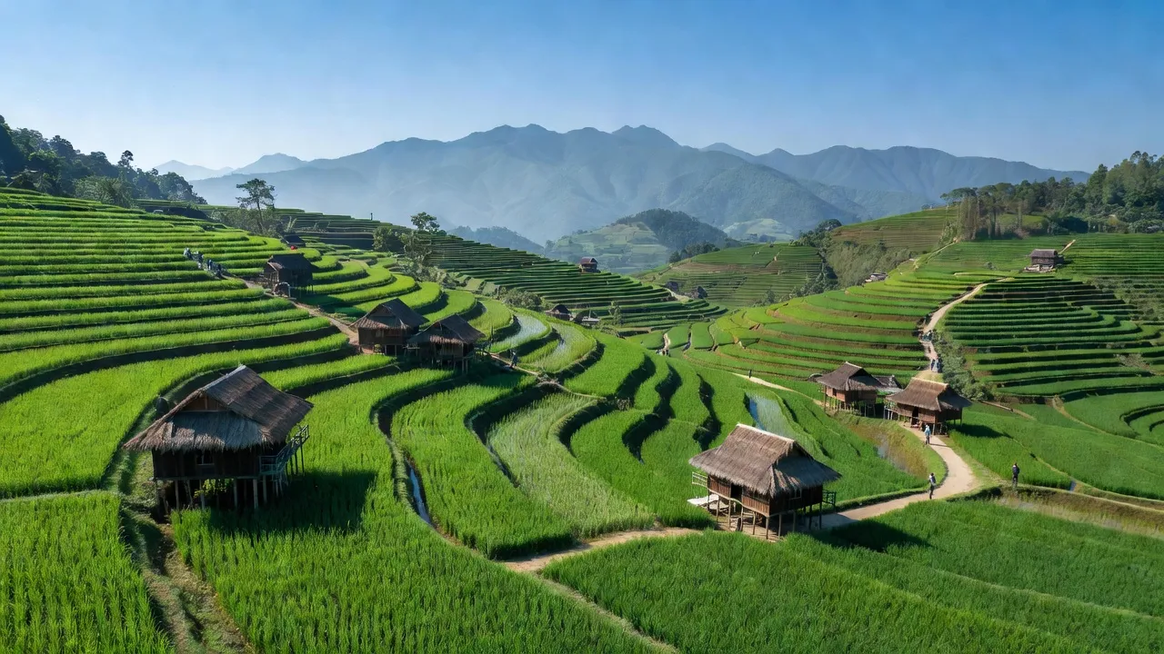 Khung cảnh xanh tươi ở xã Nậm Chầy, Văn Bàn, Lào Cai với ruộng bậc thang và nhà sàn.