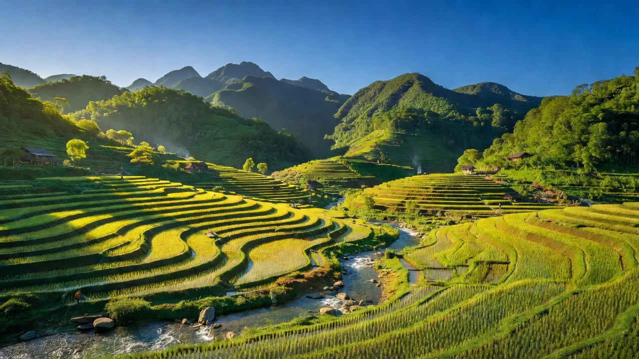 Phong cảnh thiên nhiên xã Nậm Chầy, huyện Văn Bàn, tỉnh Lào Cai, với đồi núi và ruộng bậc thang đẹp.