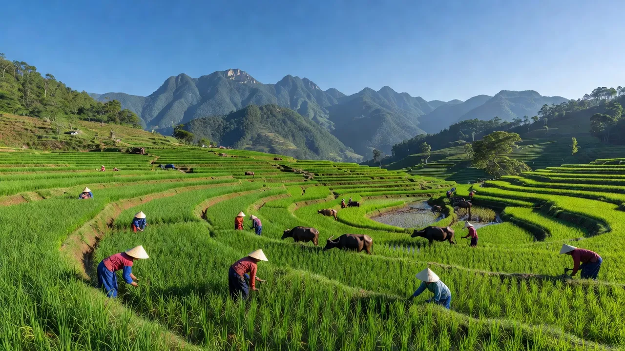 Cảnh quan xã Nậm Mả, huyện Văn Bàn, Lào Cai với cánh đồng xanh và núi non hùng vĩ.