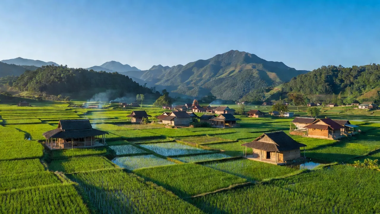 Cảnh đẹp xã Nậm Rạng, huyện Văn Bàn, tỉnh Lào Cai với ruộng bậc thang và kiến trúc nông thôn.