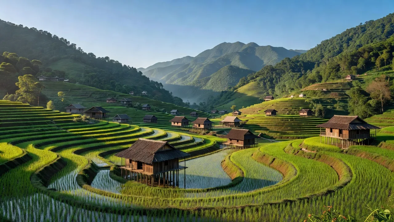 Cảnh quan xã Nậm Rạng, huyện Văn Bàn, tỉnh Lào Cai với ruộng bậc thang và núi xanh.