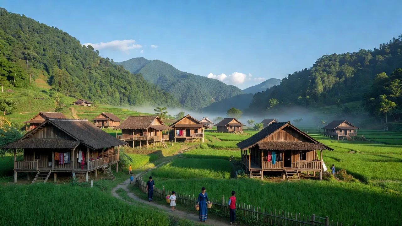 Khung cảnh đẹp của Xã Nậm Tha, huyện Văn Bàn, tỉnh Lào Cai với núi xanh và nhà sàn truyền thống.