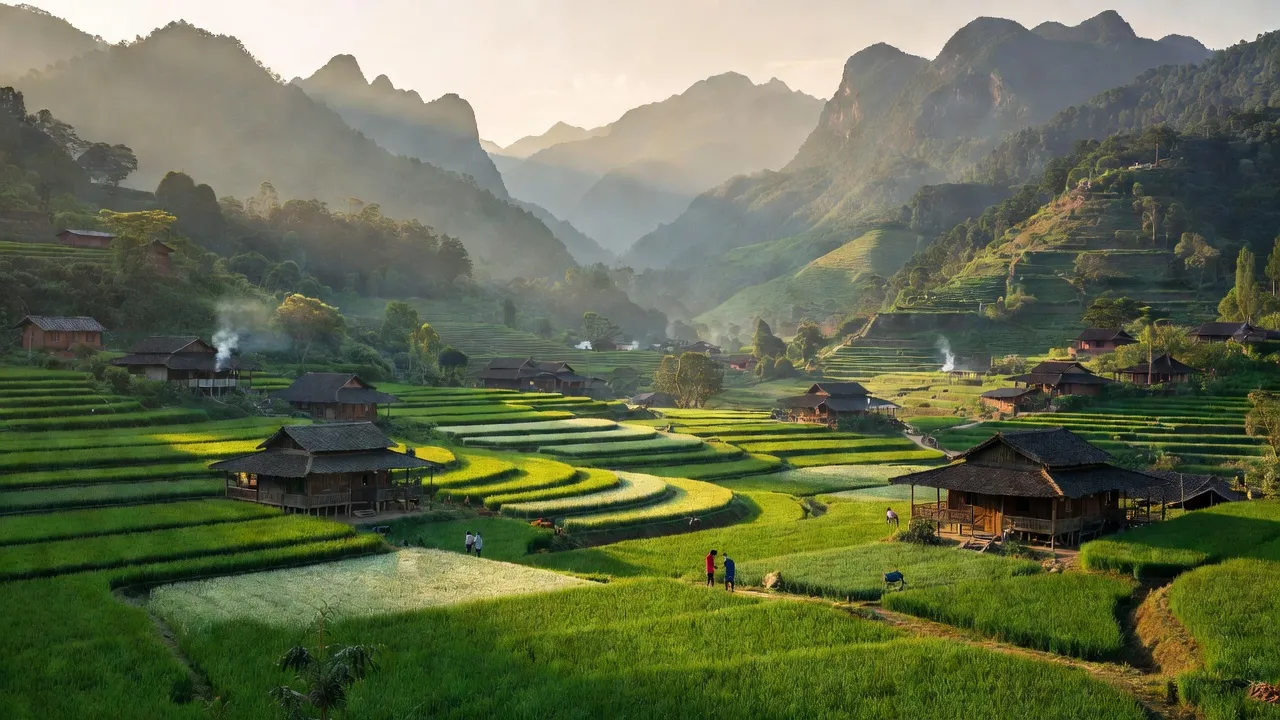 Cảnh đẹp xã Nậm Xây, huyện Văn Bàn, tỉnh Lào Cai với núi non và cánh đồng xanh.