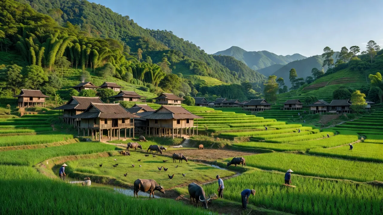 Cảnh quan yên bình tại xã Nậm Xây, huyện Văn Bàn, tỉnh Lào Cai với núi xanh và nhà sàn.