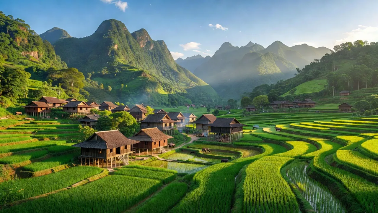 Cảnh quan xã Nậm Xé, huyện Văn Bàn, tỉnh Lào Cai với núi xanh và nhà sàn truyền thống.