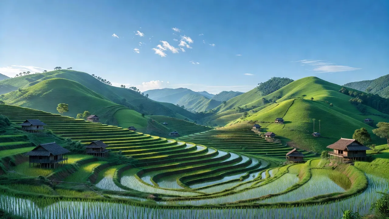Cảnh quan xã Nậm Xé, huyện Văn Bàn, tỉnh Lào Cai với ruộng bậc thang và nhà sàn.