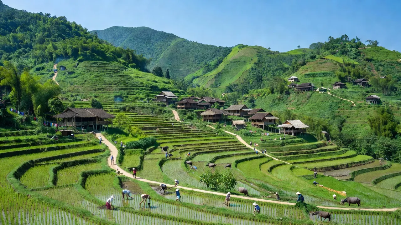 Khung cảnh xã Sơn Thuỷ, huyện Văn Bàn, Lào Cai với núi non xanh tươi và nhà truyền thống.