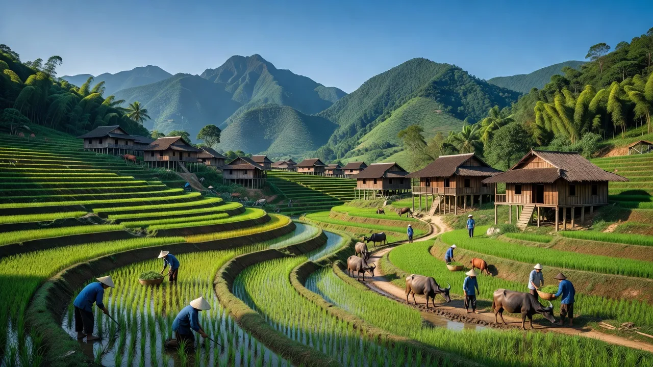 Khung cảnh Xã Sơn Thuỷ, huyện Văn Bàn, Lào Cai với núi xanh và ruộng bậc thang