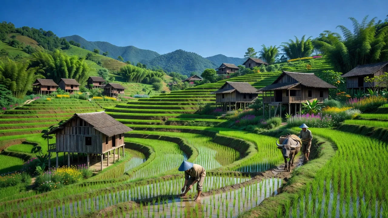 Khung cảnh đẹp của xã Tân An, huyện Văn Bàn, tỉnh Lào Cai với cánh đồng xanh tươi.