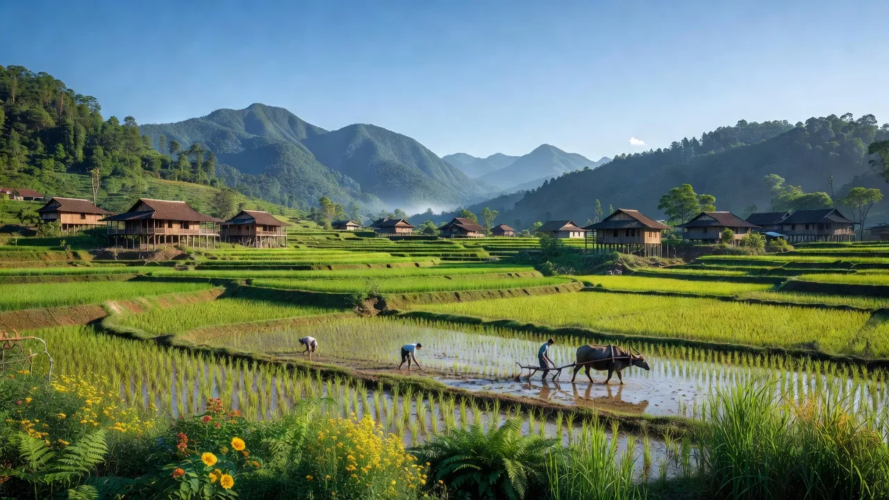 Khung cảnh xã Tân An, huyện Văn Bàn, tỉnh Lào Cai với cánh đồng xanh và nhà truyền thống.