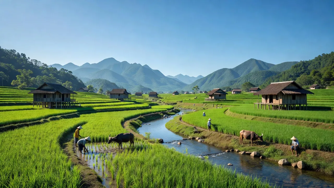 Cảnh đẹp nông thôn xã Tân Thượng, huyện Văn Bàn, tỉnh Lào Cai với cánh đồng xanh và núi đồi.