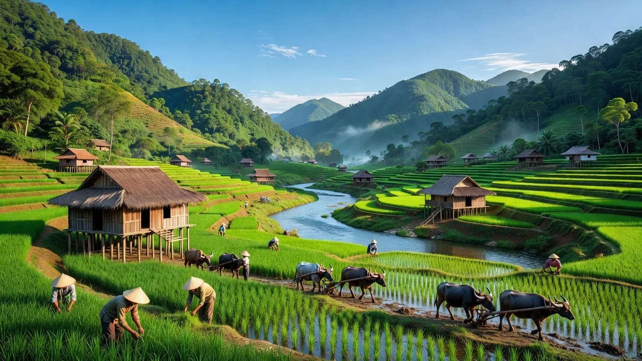 Khung cảnh yên bình của xã Tân Thượng, huyện Văn Bàn, tỉnh Lào Cai với núi xanh và sông.