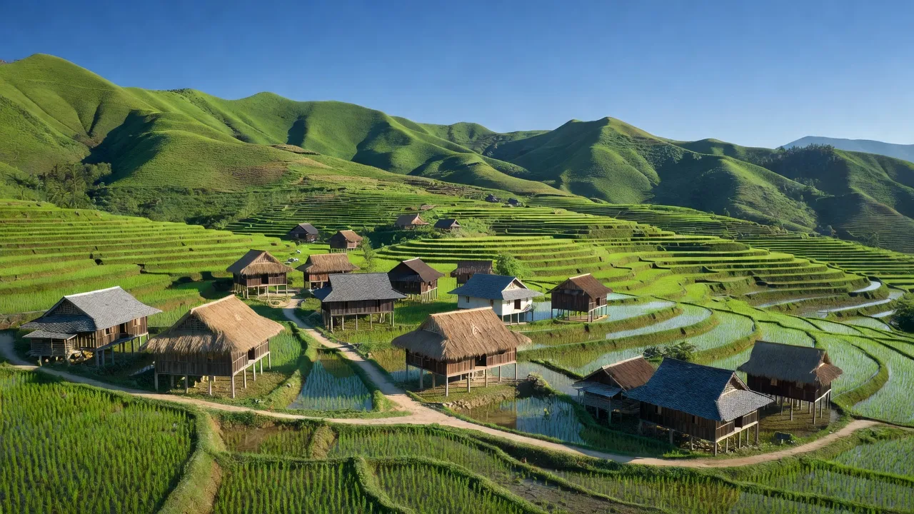 Khung cảnh xã Thẩm Dương, huyện Văn Bàn với đồi núi xanh tươi và ruộng bậc thang.