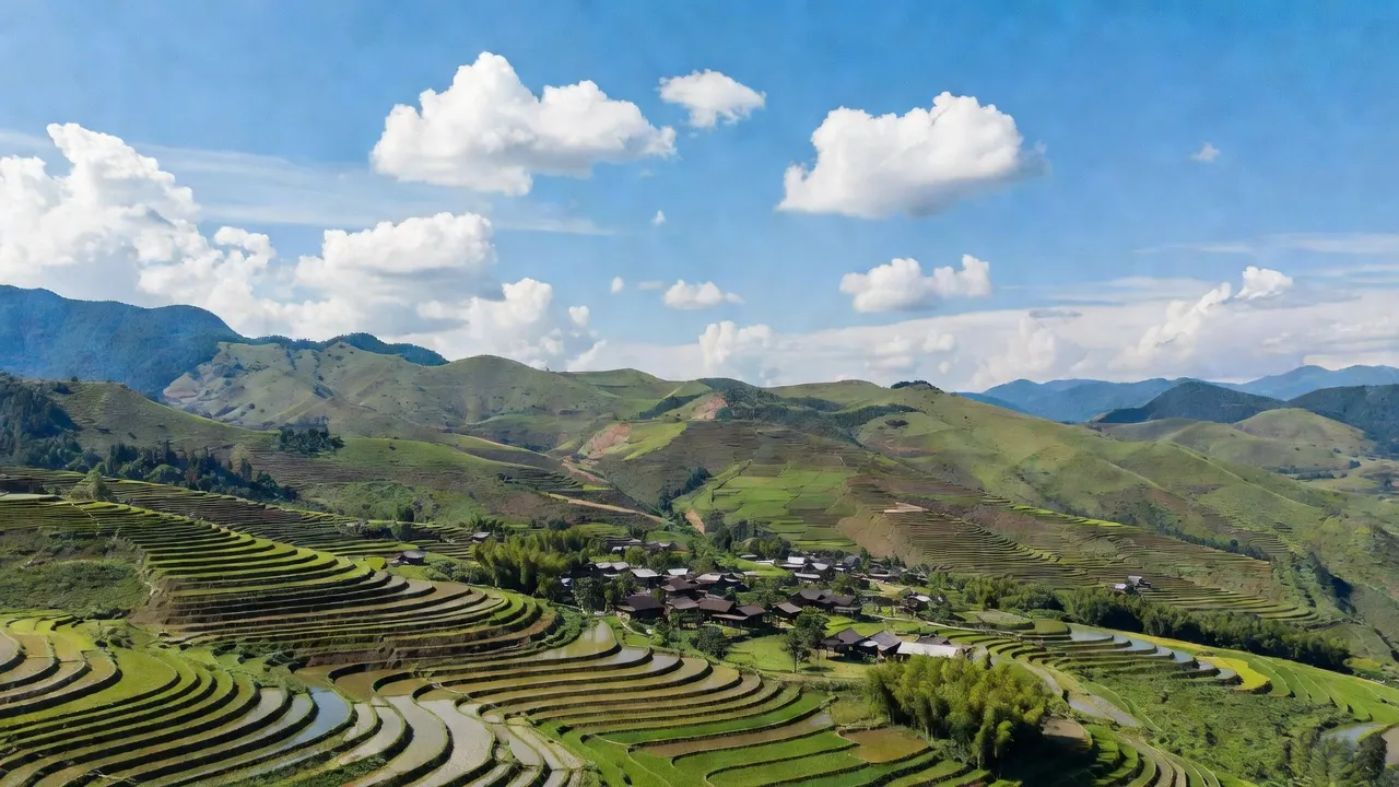 Toàn cảnh xã Thẩm Dương, huyện Văn Bàn, tỉnh Lào Cai với ruộng bậc thang và đồi núi xanh.