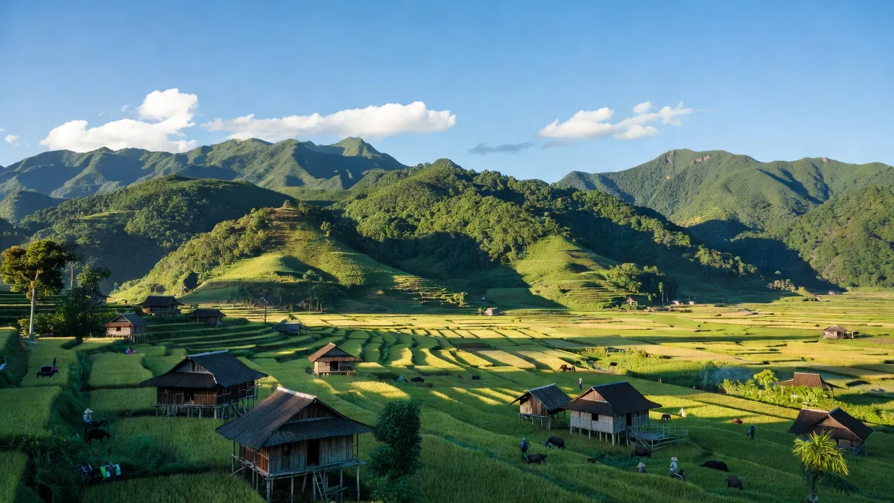 Khung cảnh xã Võ Lao, huyện Văn Bàn, tỉnh Lào Cai với đồi núi và nhà cửa truyền thống.