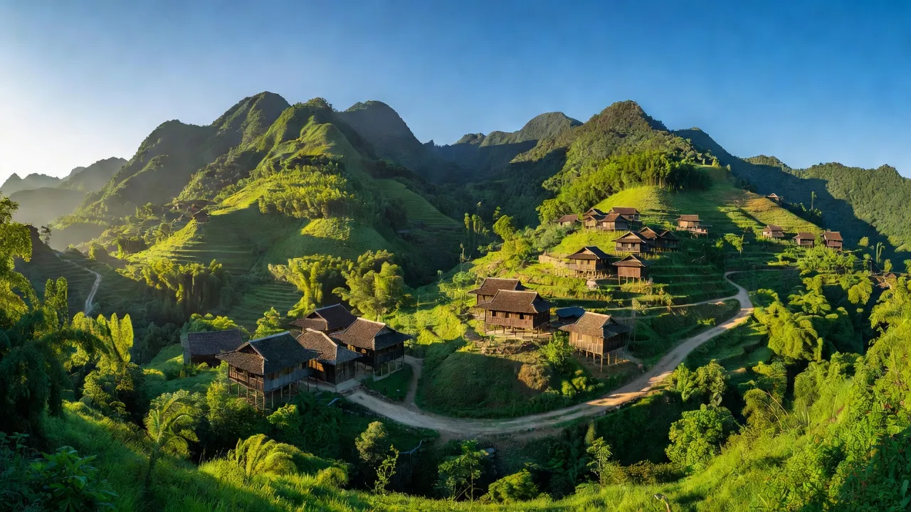 Khung cảnh Xã Võ Lao, Huyện Văn Bàn, Tỉnh Lào Cai với những ngọn núi xanh tươi và nhà truyền thống.