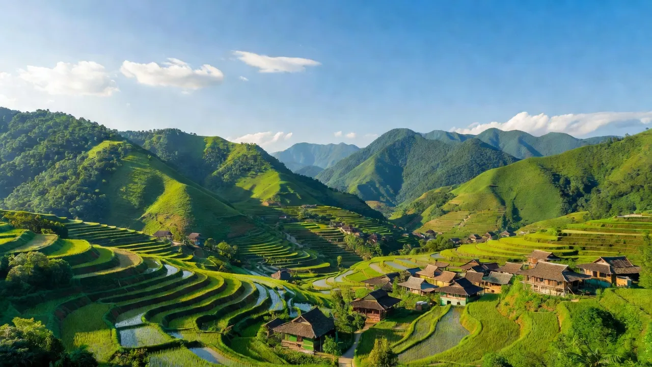 Cảnh đẹp tỉnh Lào Cai, núi xanh, ruộng bậc thang, nhà làng truyền thống, miền biên giới.