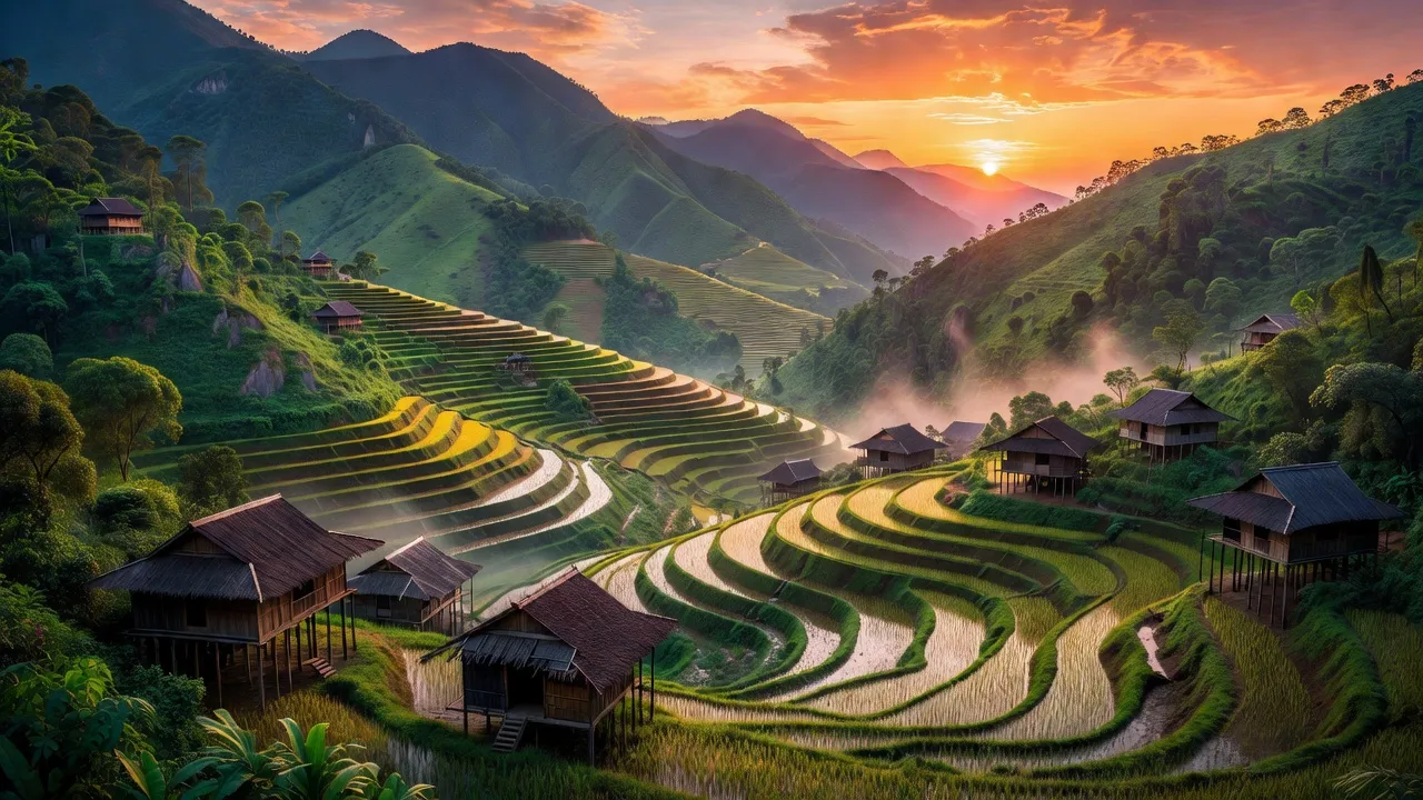 Cảnh đẹp tỉnh Lào Cai với núi xanh, nhà sàn truyền thống và ruộng bậc thang vào hoàng hôn.