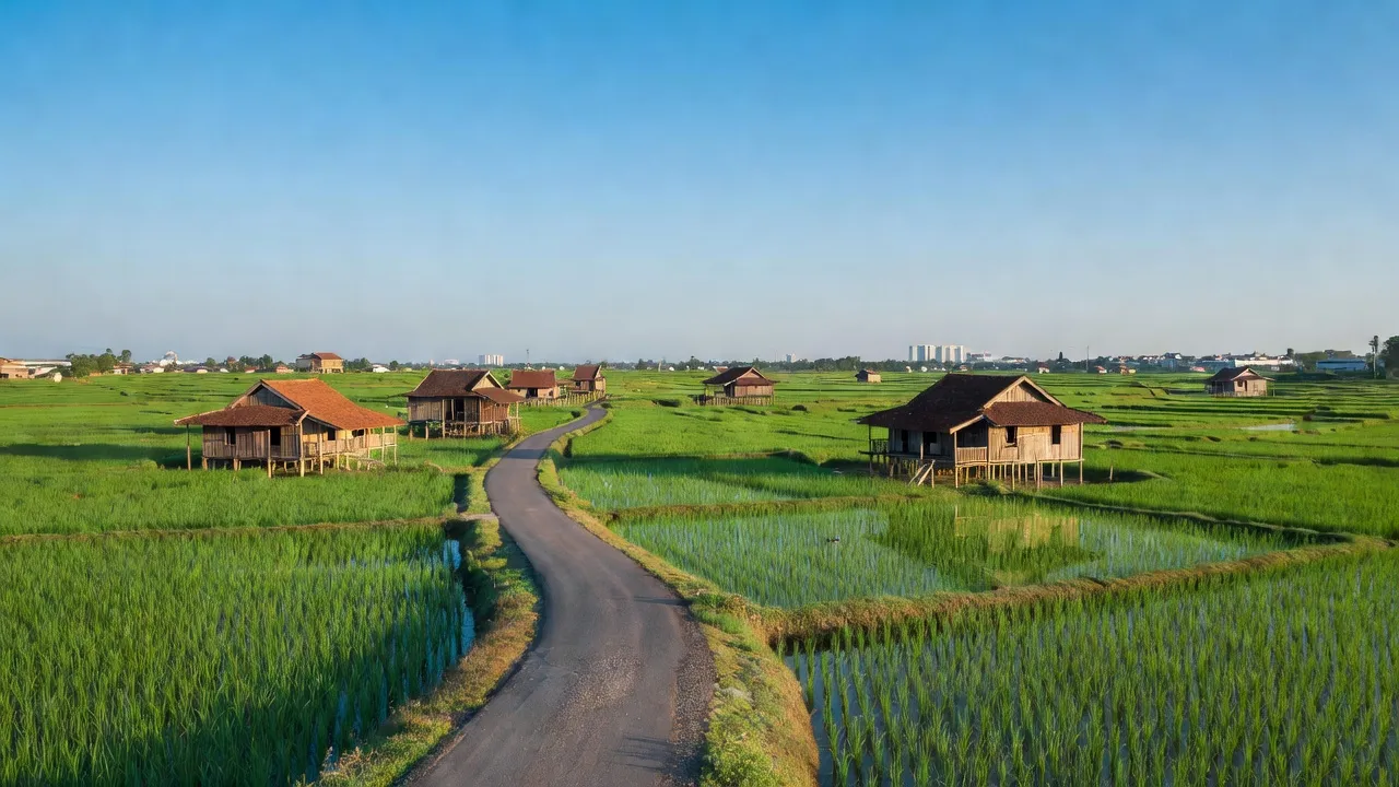 Cảnh quan huyện Bến Lức, tỉnh Long An với ruộng lúa và nhà dân, thể hiện sự phát triển nông thôn.