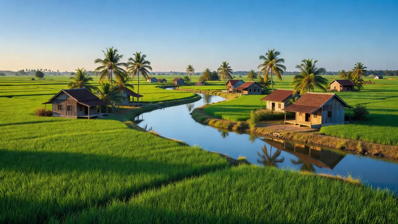 Cảnh đẹp huyện Cần Đước, Long An với sông Vàm Cỏ và cánh đồng xanh tươi.