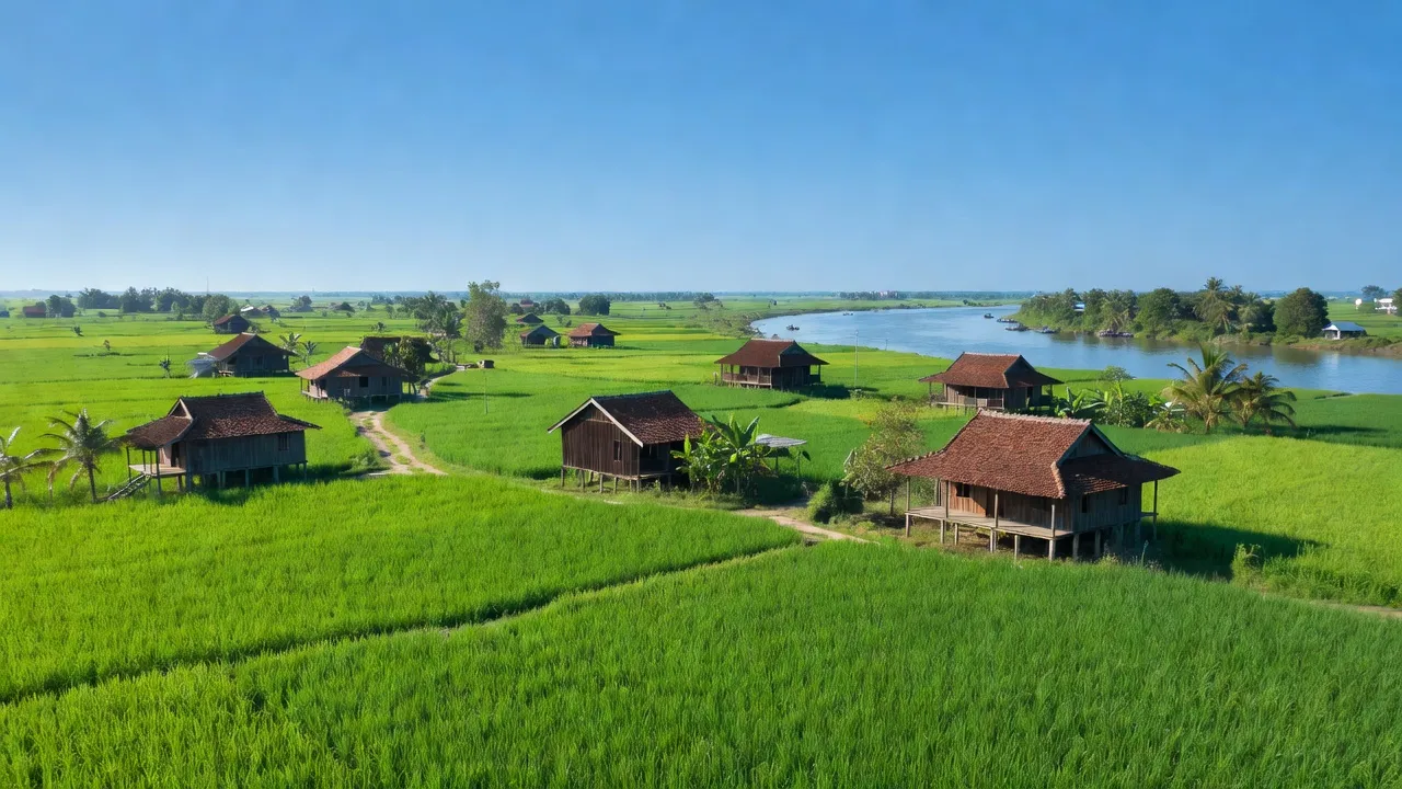 Cảnh quan huyện Cần Đước, Long An với cánh đồng xanh, nhà truyền thống và sông Vàm Cỏ.