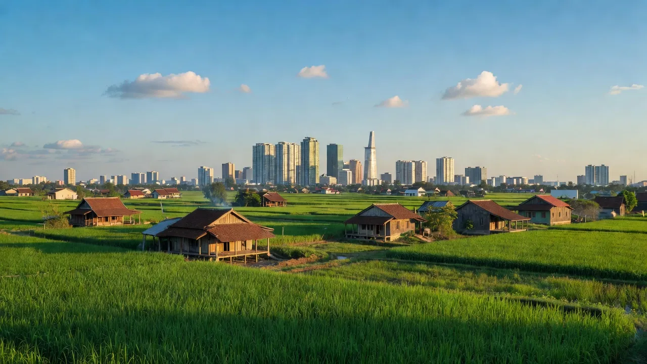 Cảnh sắc huyện Cần Giuộc Long An với ruộng lúa và thành phố Hồ Chí Minh phía xa.