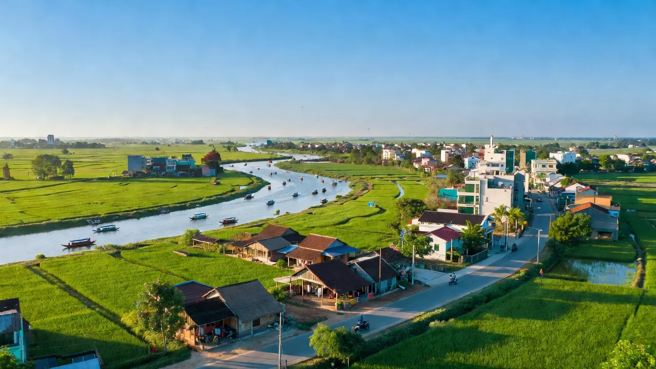 Khung cảnh huyện Cần Giuộc, Long An với cánh đồng xanh, nhà truyền thống và dòng sông Cửu Long.
