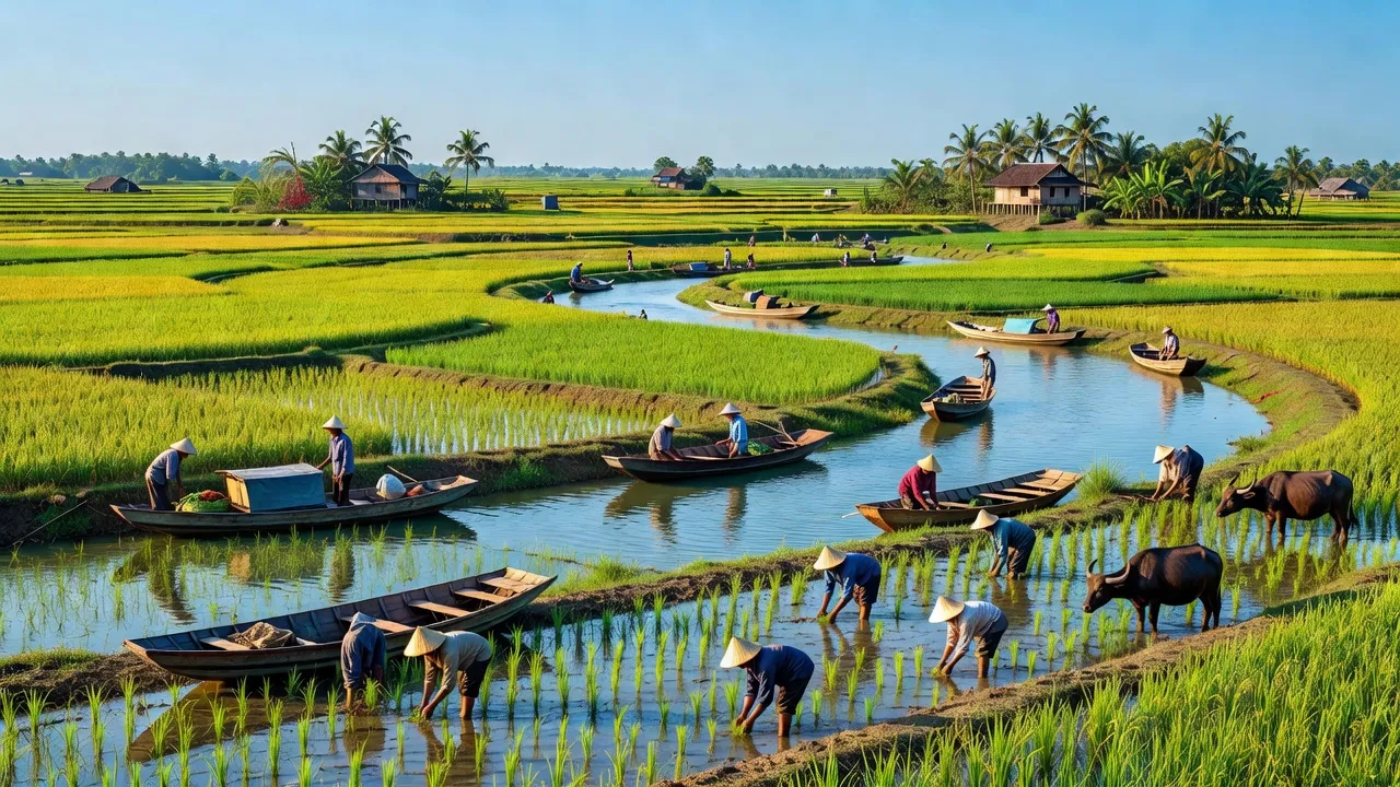 Cảnh đồng lúa Huyện Châu Thành Long An, nông dân làm việc, sông kiểu miền Tây Việt Nam.