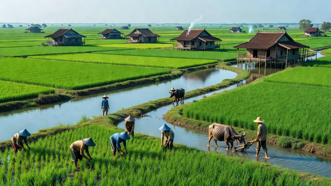 Khung cảnh huyện Châu Thành, Long An với đồng xanh và nhà truyền thống, nền văn hóa nông nghiệp.