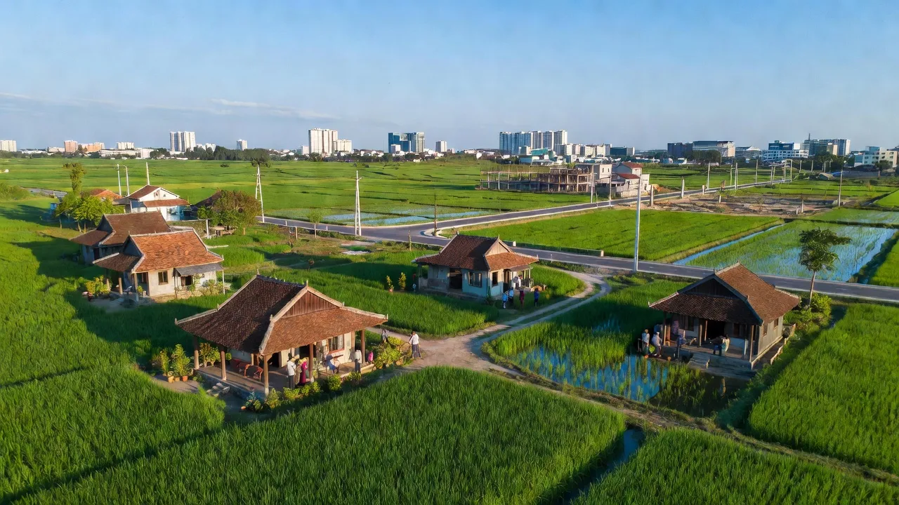 Cảnh quan huyện Đức Hòa, tỉnh Long An với ruộng xanh, nhà truyền thống và skyline hiện đại.