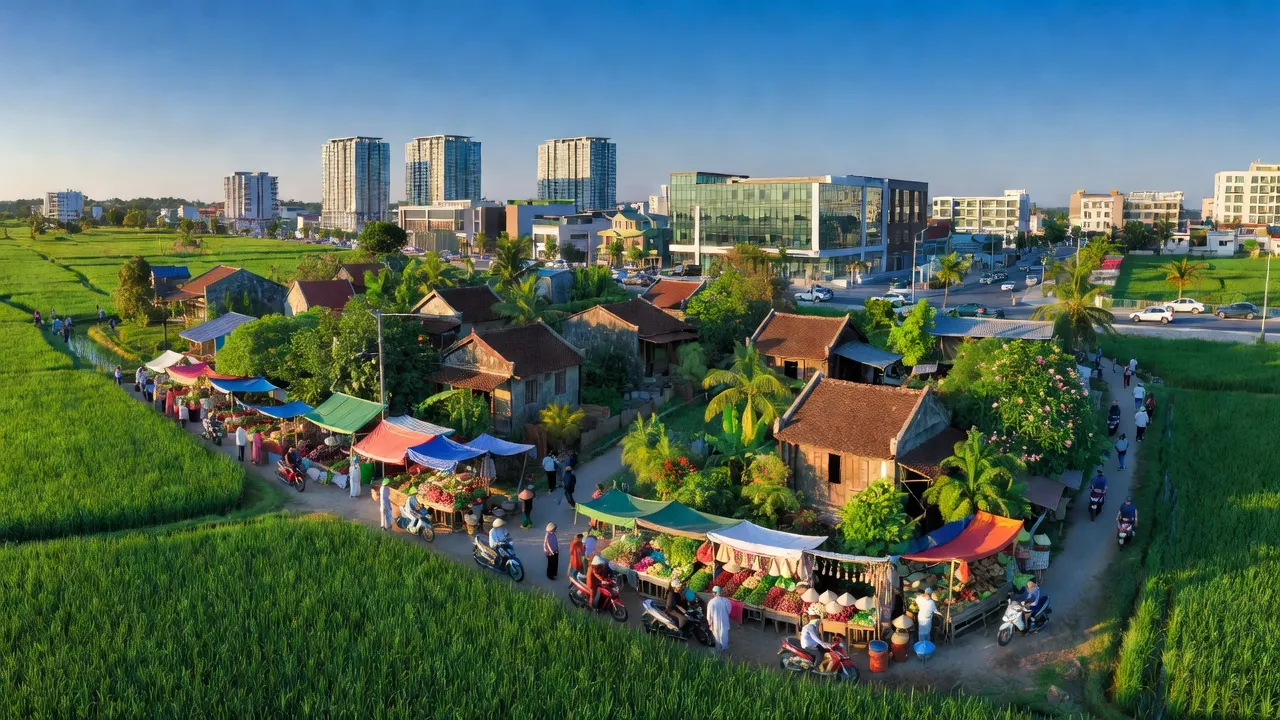 Khung cảnh huyện Đức Hòa, Long An với chợ, cánh đồng lúa và đô thị hiện đại.