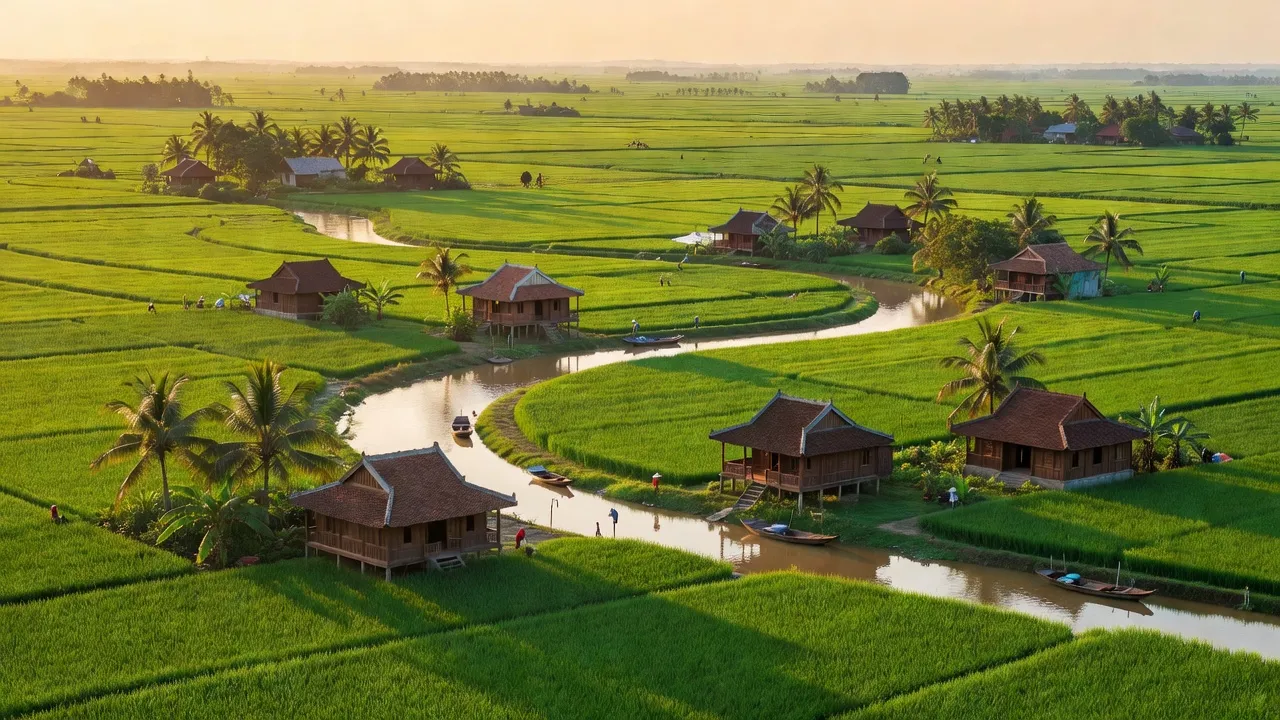 Cảnh quan huyện Đức Huệ, Long An với cánh đồng lúa xanh mát và sông uốn khúc.