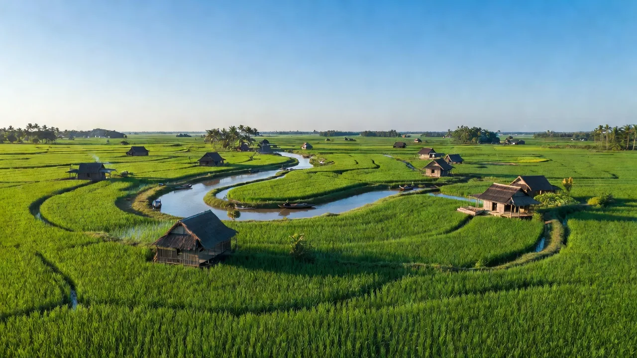 Quang cảnh huyện Đức Huệ, Long An với cánh đồng xanh và dòng sông uốn khúc, vùng nông nghiệp truyền thống.