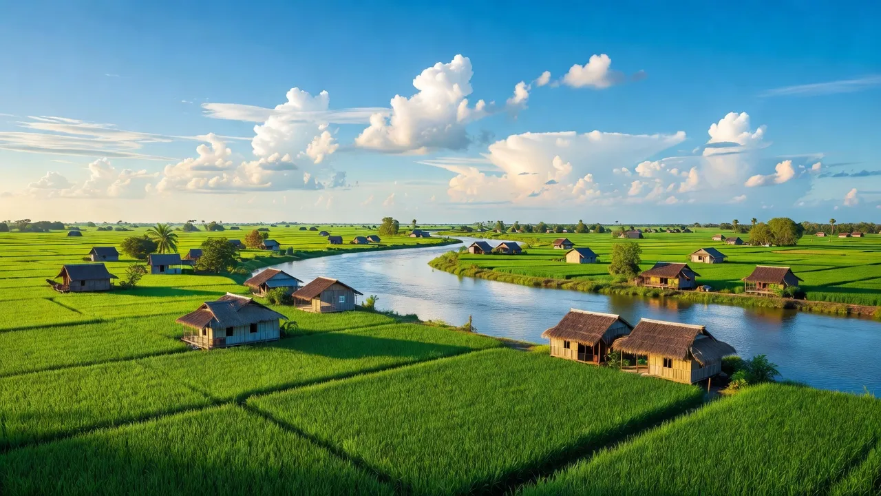 Cảnh sắc thị xã Kiến Tường, Long An với đồng ruộng, dòng sông và ánh nắng mặt trời.